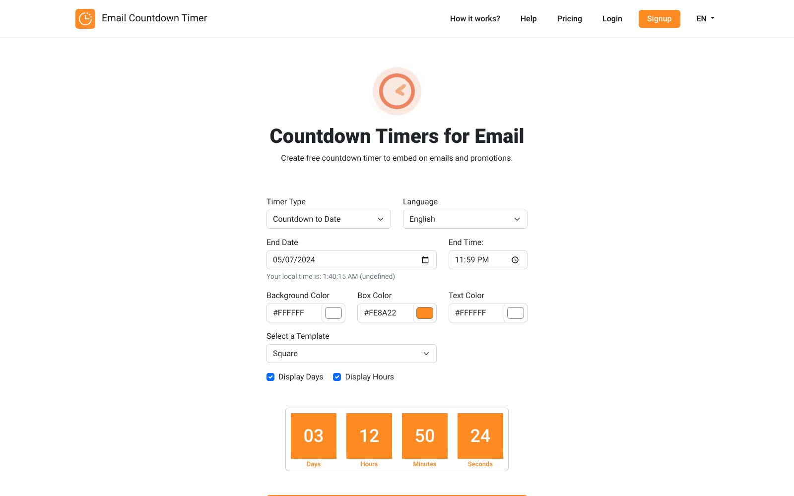 Screenshot of emailcountdowntimer.com at 5/7/2024