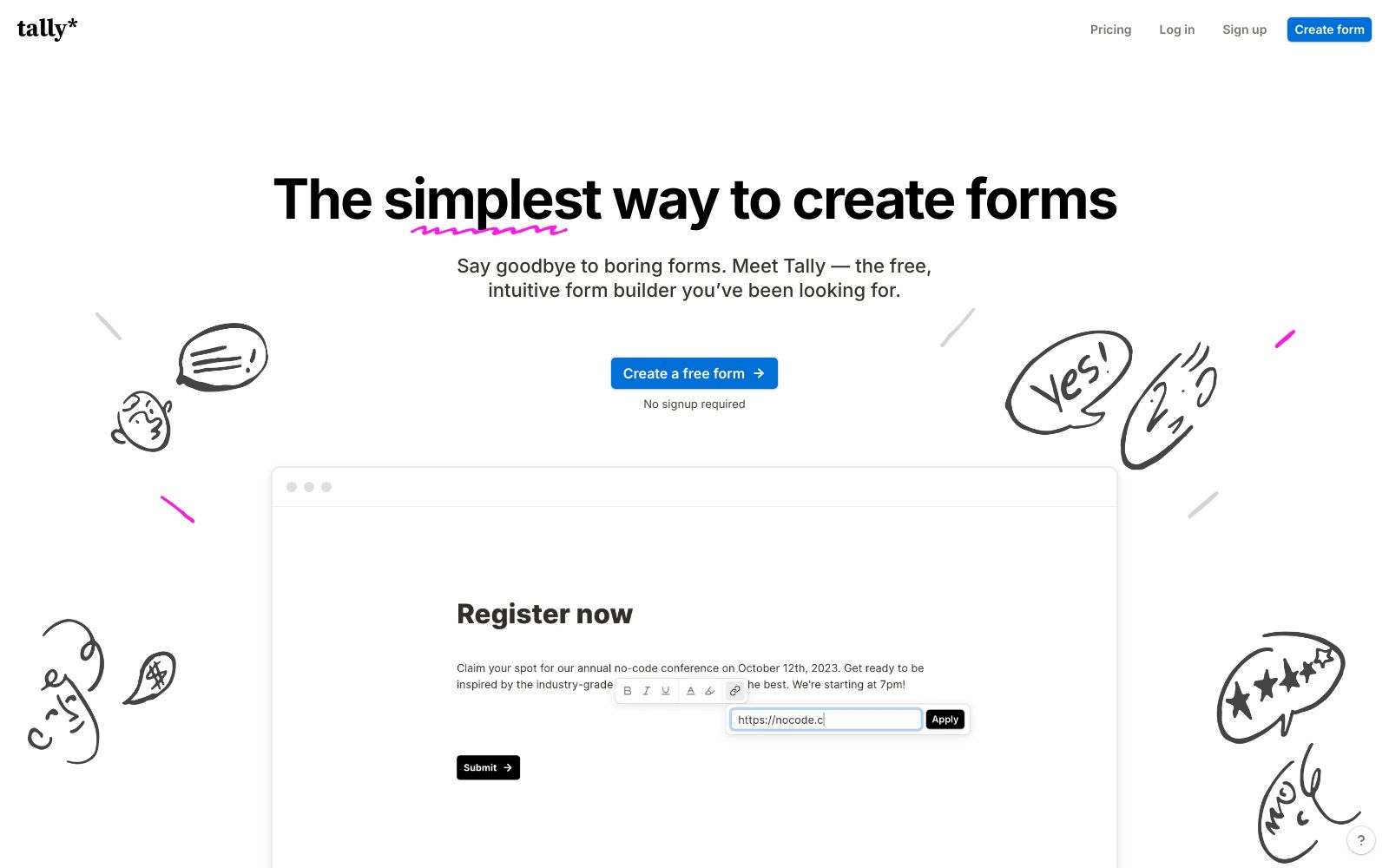 Screenshot of tally.so at 8/20/2024