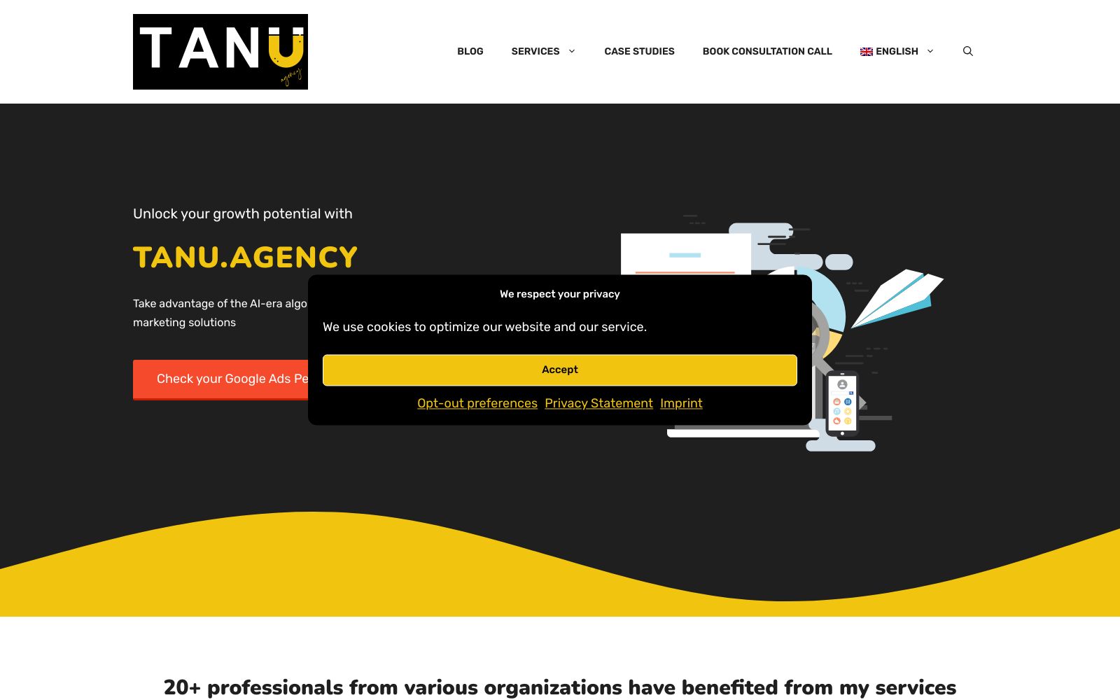 Screenshot of tanu.agency at 9/4/2024