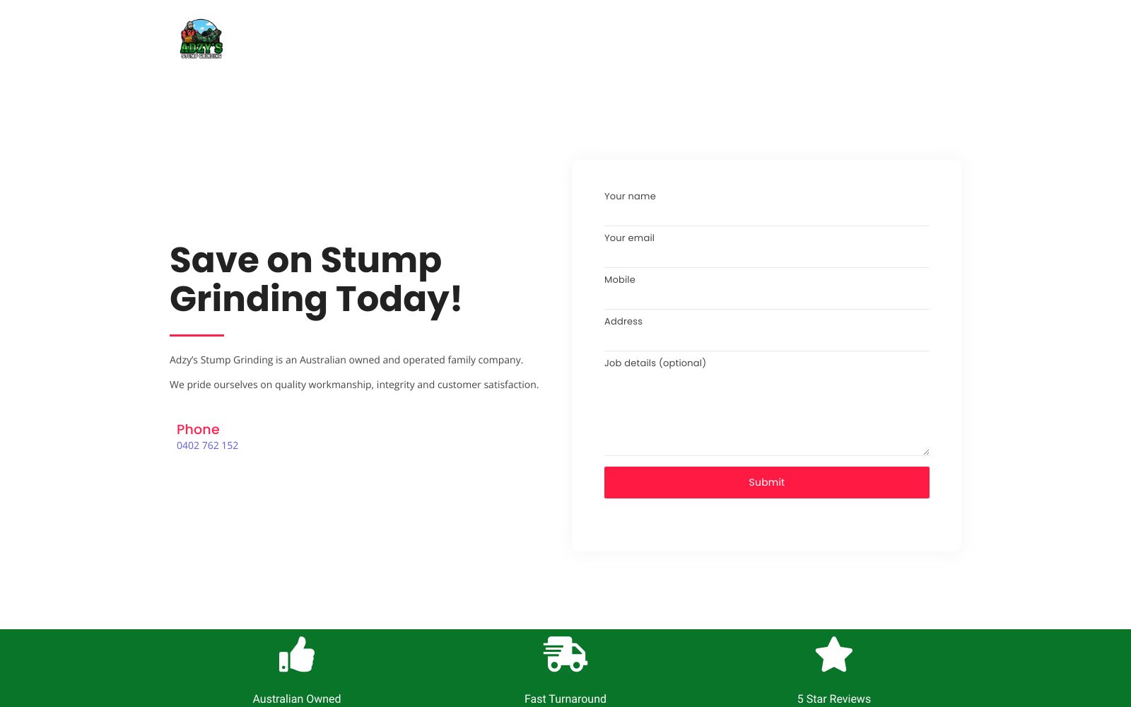 Screenshot of adzysstumpgrinding.com.au at 9/16/2024