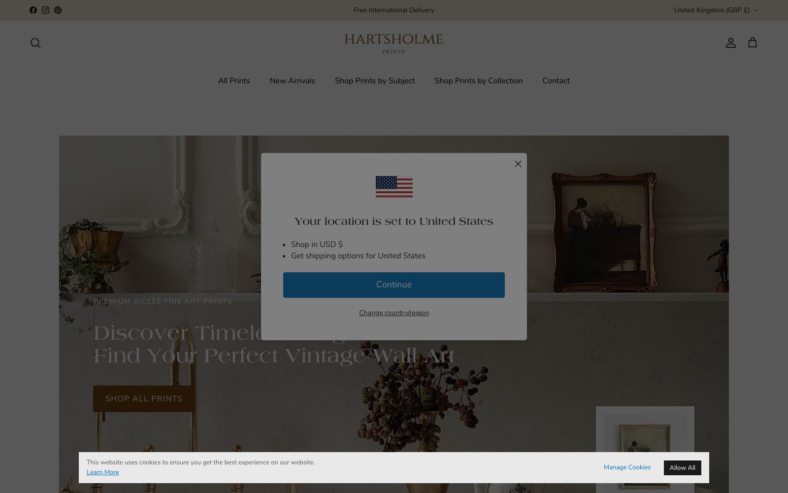 Screenshot of hartsholmeprints.com at 10/2/2024