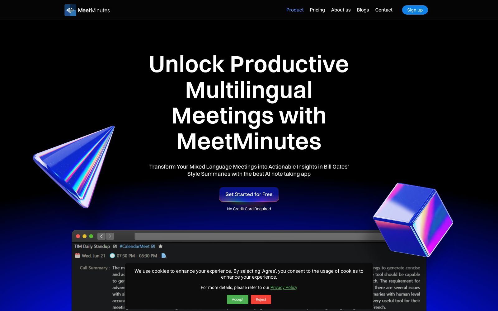 Screenshot of www.meetminutes.in at 10/9/2024