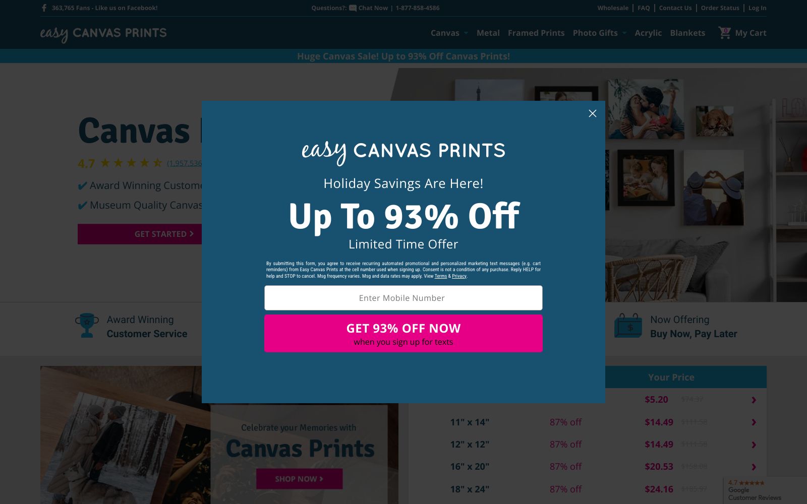 Screenshot of www.easycanvasprints.com at 1/27/2025