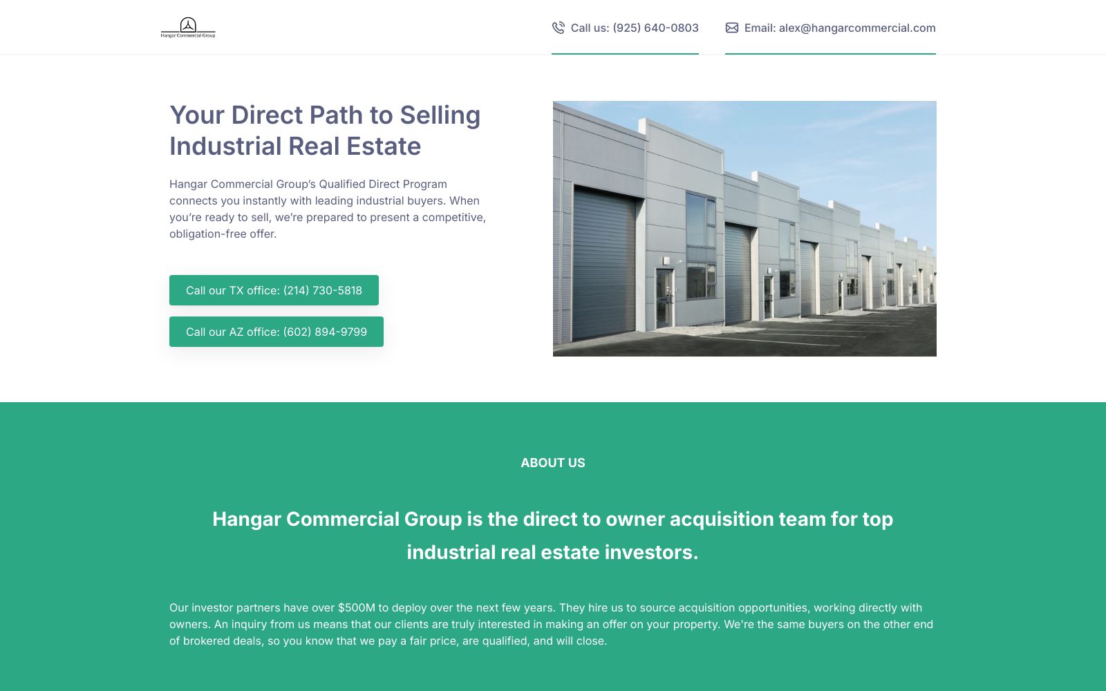 Screenshot of hangarcommercial.com at 4/20/2025