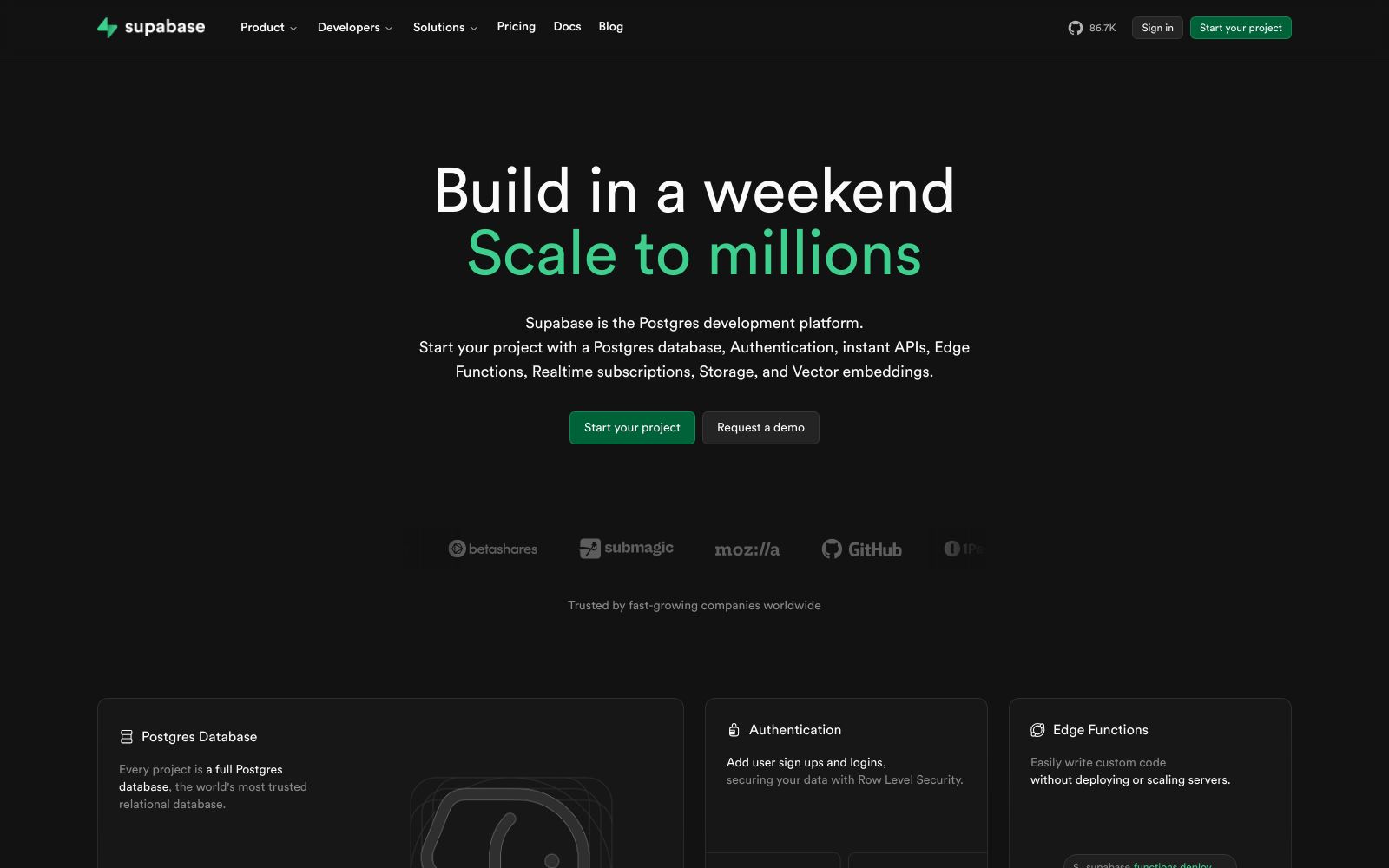 Screenshot of supabase.com at 8/9/2025