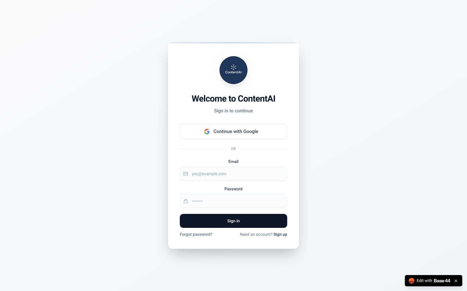 Screenshot of content-ai-8a18450c.base44.app at 11/29/2025