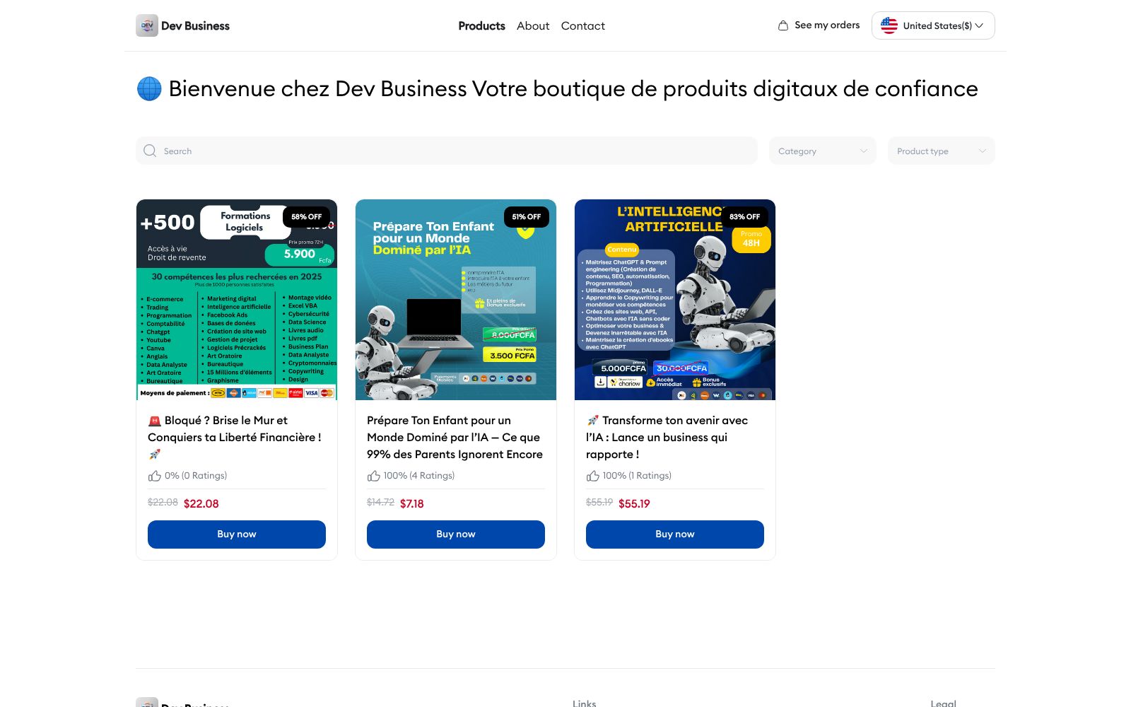 Screenshot of shop.devbusiness.store at 1/20/2026