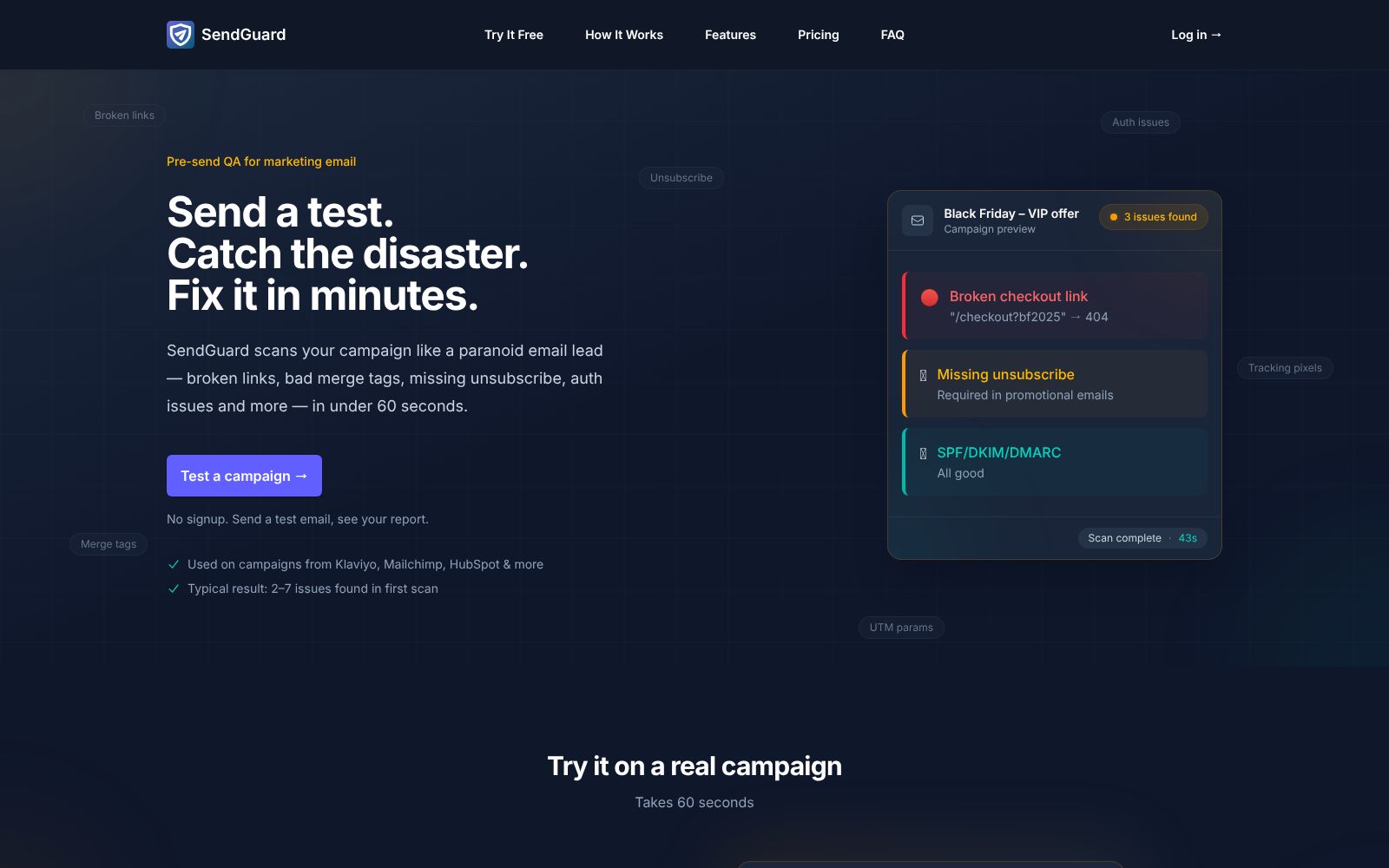 Screenshot of www.sendguard.io at 2/9/2026