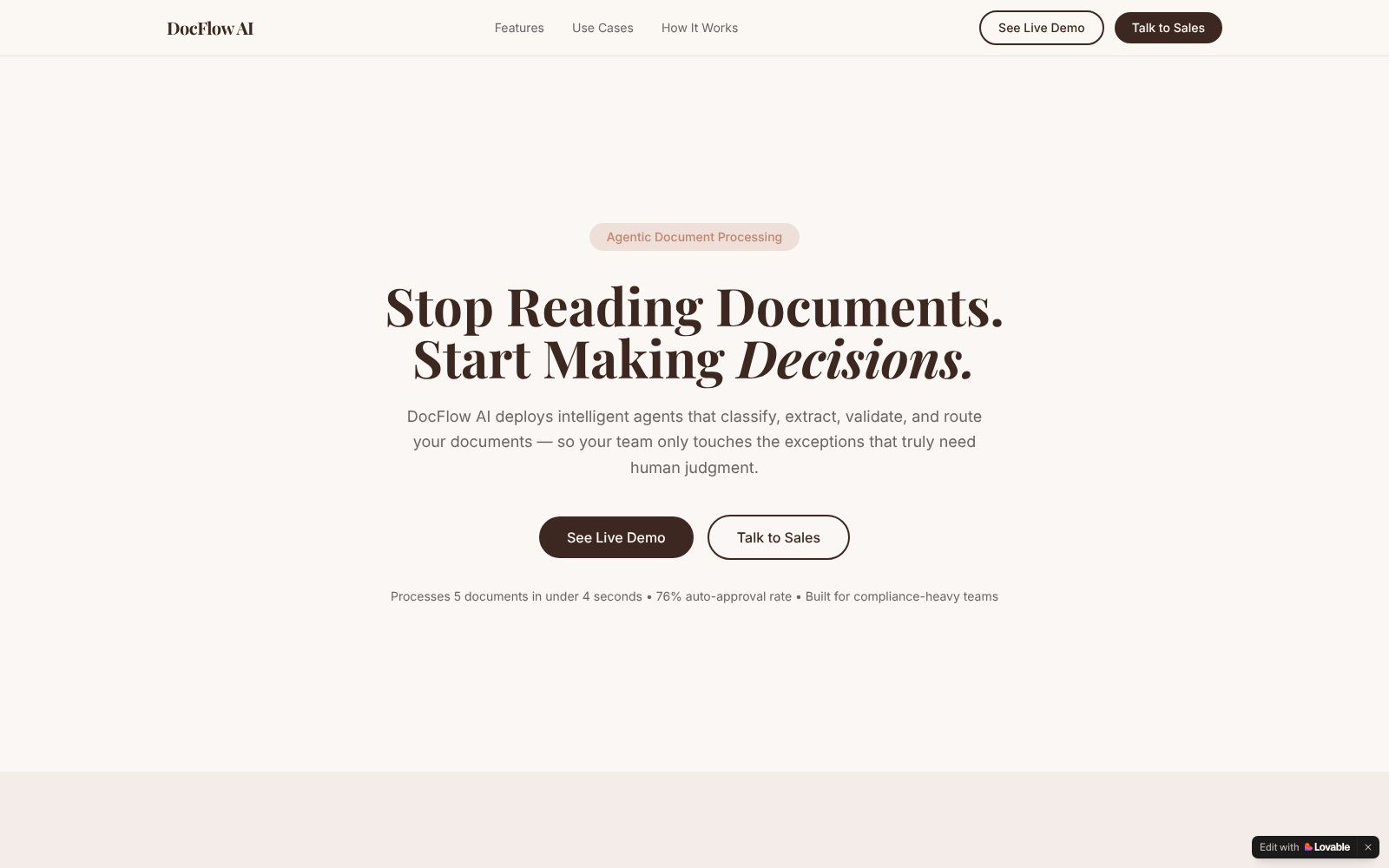 Screenshot of docflow-agent-craft.lovable.app at 2/12/2026
