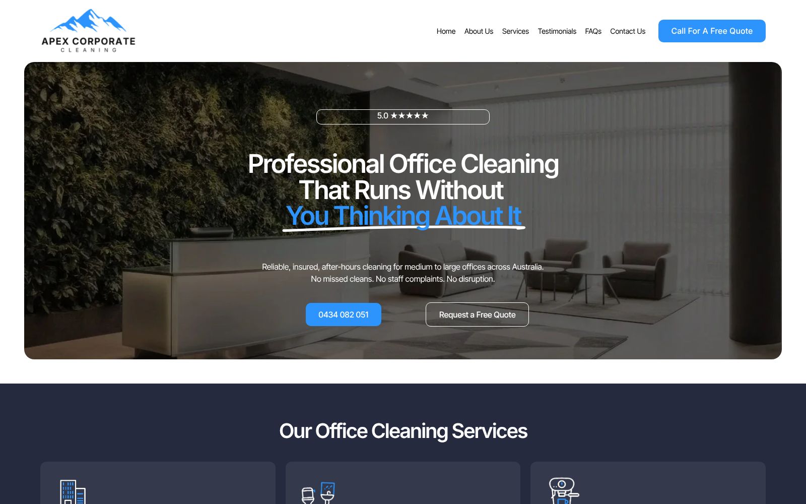 Screenshot of www.apexcorporatecleaning.com.au at 2/18/2026