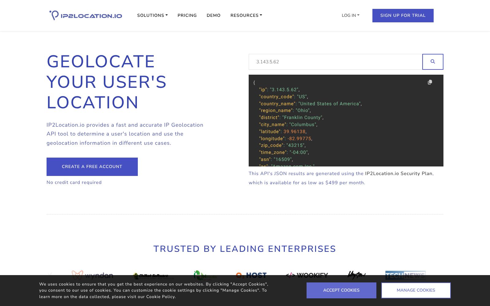 Screenshot of ip2location.io at 3/9/2026